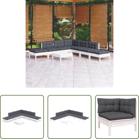 Muebles de exterior -  Muebles de jardín 8 pzas con cojines blanco madera de pino