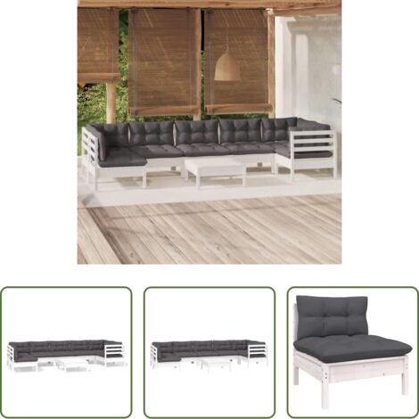 Muebles de exterior -  Muebles de jardín 8 pzas con cojines blanco madera de pino