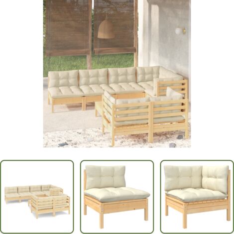 Muebles de exterior -  Muebles de jardín 8 pzas y cojines madera maciza de pino crema
