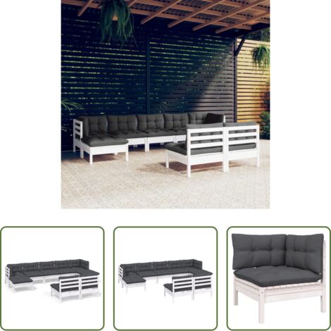 Muebles de exterior -  Muebles de jardín 9 pzas con cojines blanco madera de pino