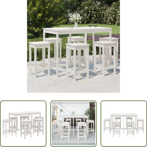 Muebles de exterior -  Set de mesa y taburetes altos jardín 7 pzas madera pino blanco