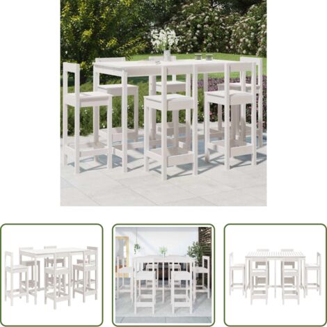Muebles de exterior -  Set de mesa y taburetes altos jardín 7 pzas madera pino blanco
