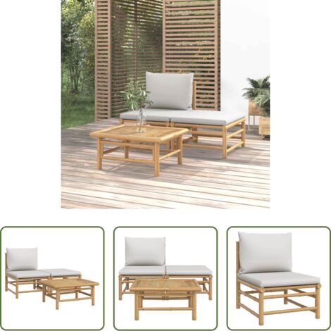 Muebles de exterior -  Set de muebles de jardín 3 piezas bambú y cojines gris claro