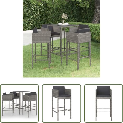 Muebles de exterior -  Set muebles de bar jardín 5 pzas y cojines ratán sintético gris