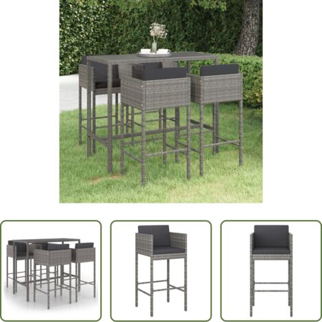 Muebles de exterior -  Set muebles de bar jardín 5 pzas y cojines ratán sintético gris