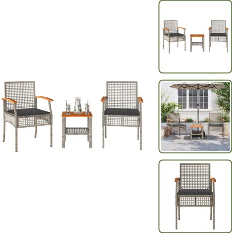Muebles de exterior - vidaXL Mesita y sillas con cojines 3 pzas ratán PE madera acacia gris - Sillas de jardín con cojín