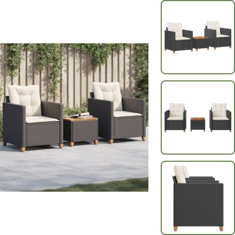 Muebles de exterior - vidaXL Mesita y sillas con cojines 3 pzas ratán PE madera acacia negro - Ratán sintético