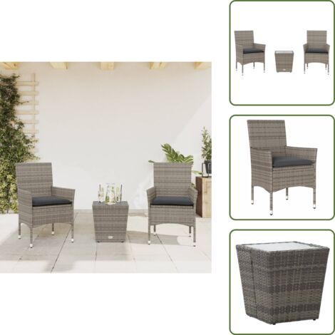 Muebles de exterior - vidaXL Mesita y sillas con cojines 3 pzas ratán sintético vidrio gris - Ratán sintético