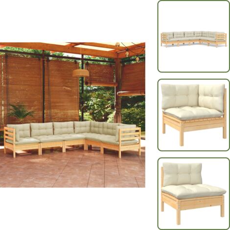 Muebles de exterior - vidaXL Muebles de jardín 6 pzas y cojines madera maciza de pino crema - Muebles de jardín modulares