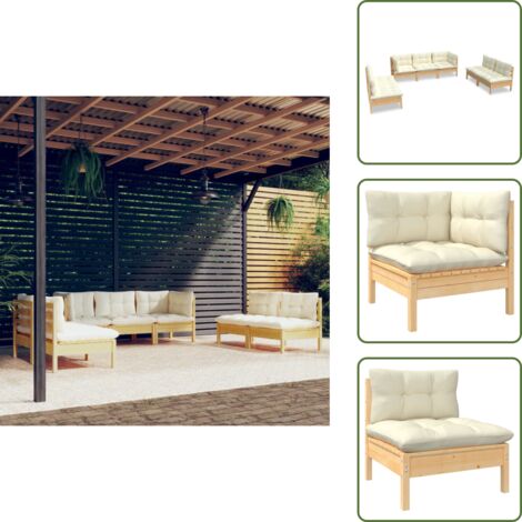 Muebles de exterior - vidaXL Muebles de jardín 7 pzas y cojines madera maciza de pino crema - Muebles de jardín modulares