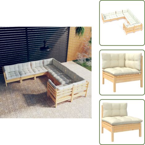 Muebles de exterior - vidaXL Muebles de jardín 8 pzas y cojines madera maciza de pino crema - Muebles de jardín modulares