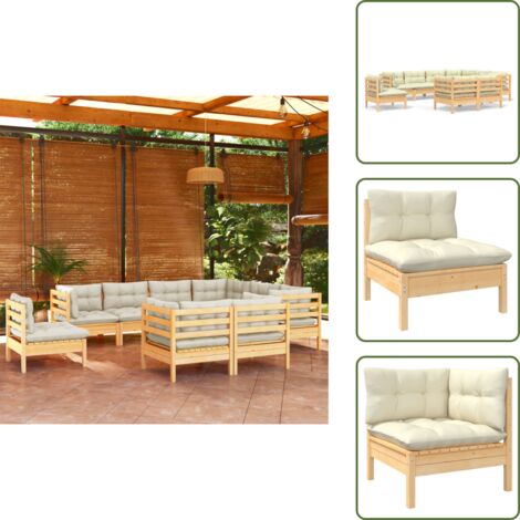 Muebles de exterior - vidaXL Muebles de jardín 9 pzas y cojines madera maciza de pino crema - Muebles de jardín modulares