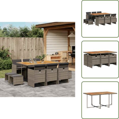 Muebles de exterior - vidaXL Set de comedor de jardín 11 pzas y cojines ratán sintético gris - Mesa de jardín