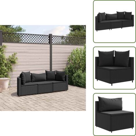 Muebles de exterior - vidaXL Set de sofás de jardín con cojines 3 pzas ratán sintético negro - Sofás de jardín con cojines