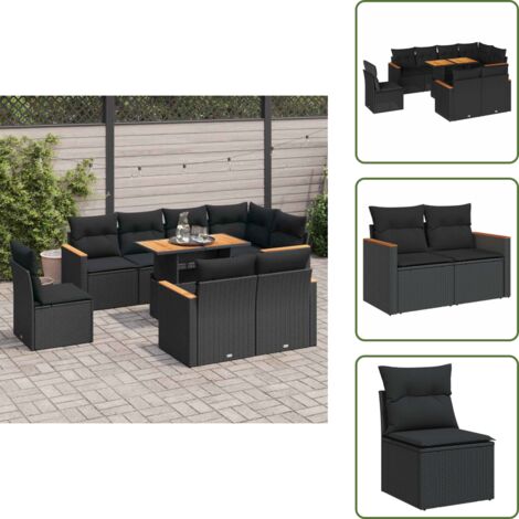 Muebles de exterior - vidaXL Set sofás jardín y cojines 9 pzas ratán sintético acacia negro - Cojines lavables