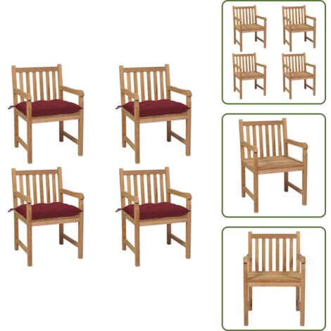 Muebles de exterior - vidaXL Sillas de jardín 4 uds madera de teca con cojines rojo tinto - Sillas de jardín con cojín