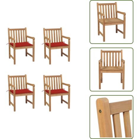 Muebles de exterior - vidaXL Sillas de jardín 4 uds madera maciza de teca con cojines rojos - Sillas de jardín con cojín