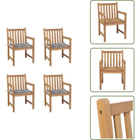Muebles de exterior - vidaXL Sillas de jardín 4 uds madera maciza teca cojines cuadros gris - Sillas de jardín con cojín