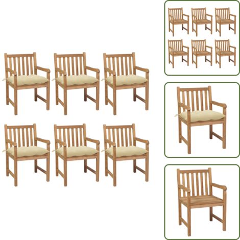 Muebles de exterior - vidaXL Sillas de jardín 6 uds madera maciza teca cojines crema blanca - Sillas de jardín de madera