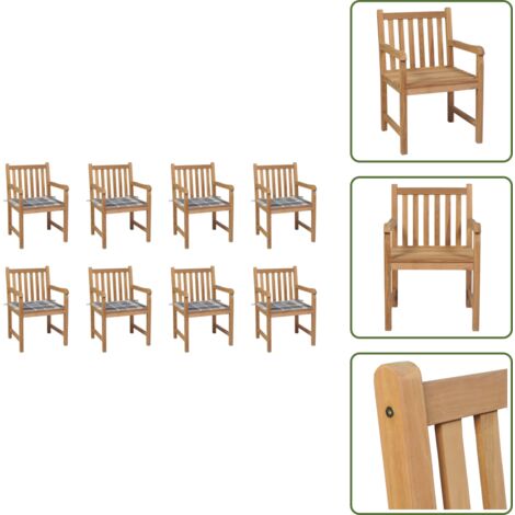 Muebles de exterior - vidaXL Sillas de jardín 8 uds madera maciza teca cojines cuadros gris - Sillas de jardín con cojín