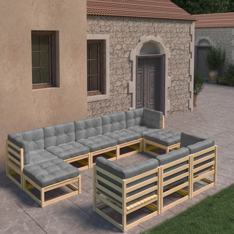 

Happyshopping - Muebles de jardin 10 piezas con cojines madera de pino maciza