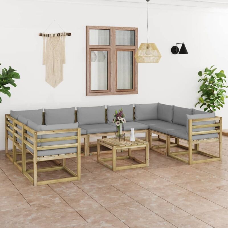 

Muebles de jardín 10 piezas con cojines madera impregnada gris