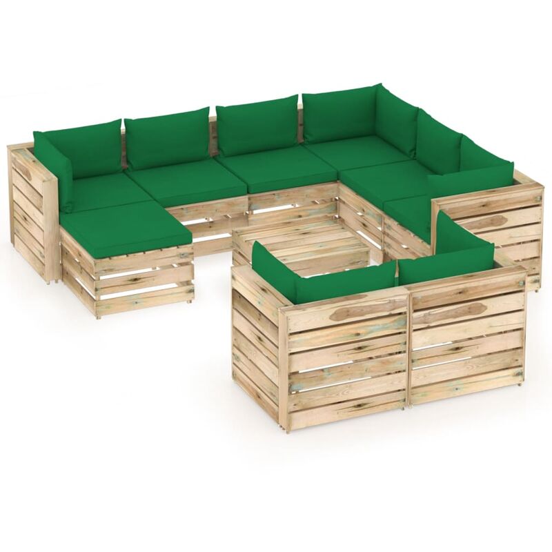 

Muebles de jardín 10 piezas con cojines madera impregnada verde