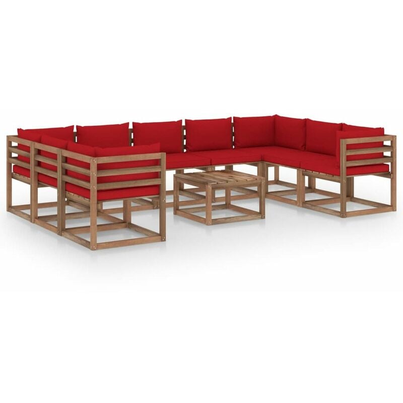 

Muebles de jardin 10 piezas con cojines rojo