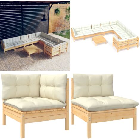 Muebles de jardín 10 piezas y cojines madera de pino crema - Muebles de exterior - Cojines de jardín