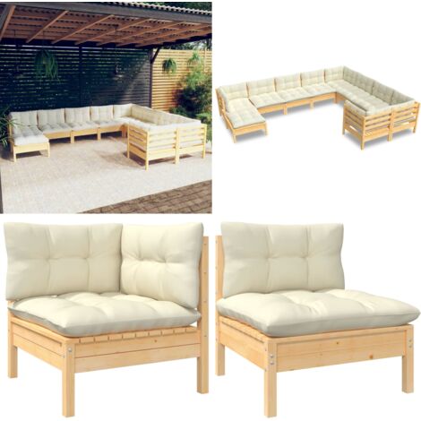 Muebles de jardín 10 piezas y cojines madera de pino crema - Muebles de exterior - Cojines de jardín
