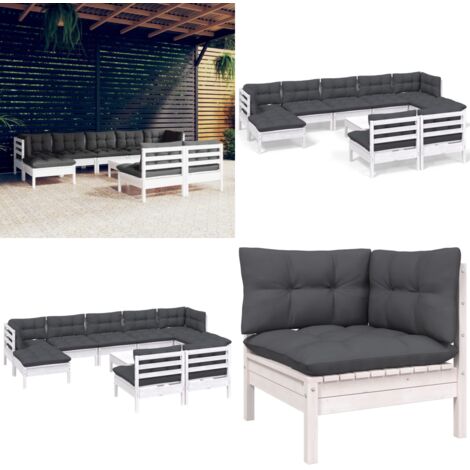 Muebles de jardín 10 pzas con cojines blanco madera de pino - Muebles de exterior - Cojines para jardín