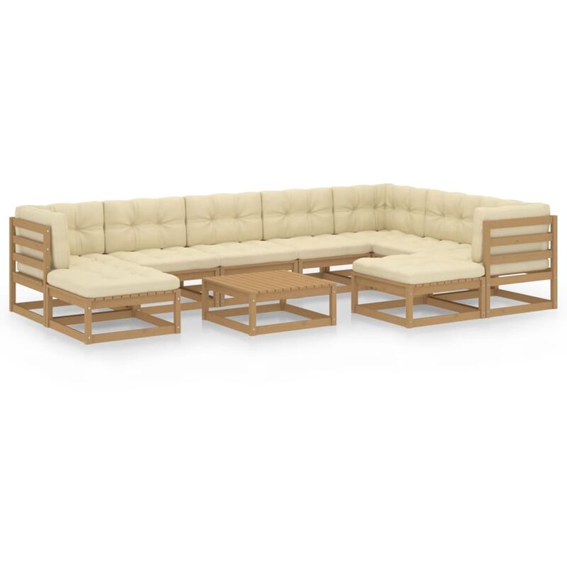 

Muebles de jardín 10 pzas y cojines marrón miel madera de pino