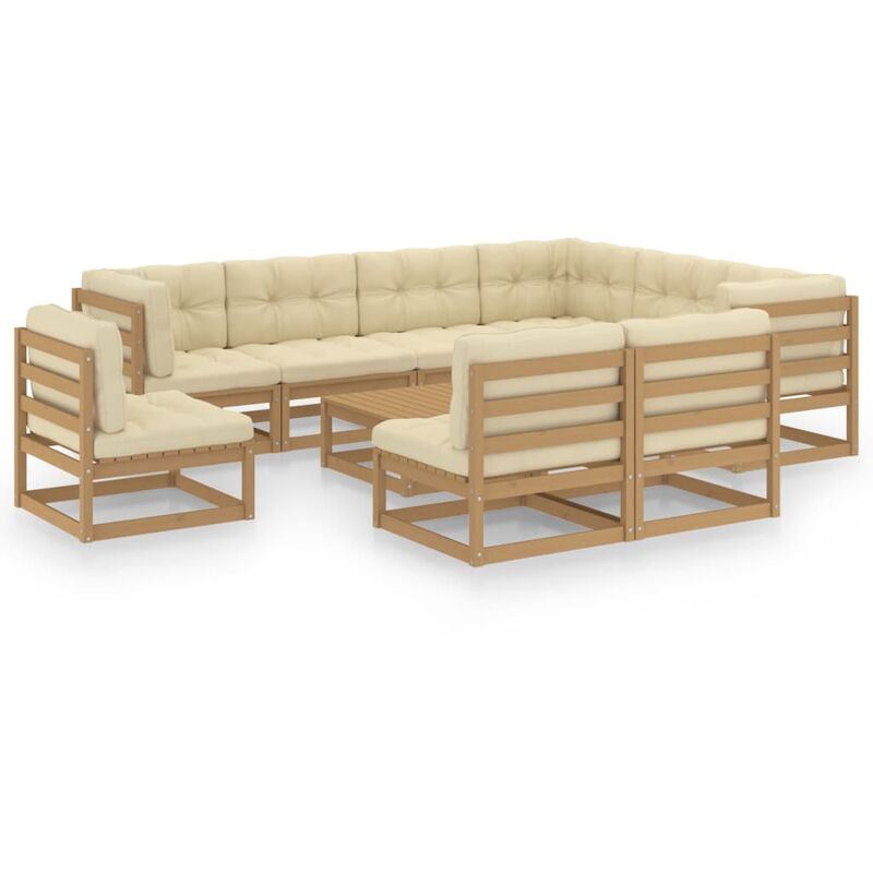 

Muebles de jardín 10 pzas y cojines marrón miel madera de pino