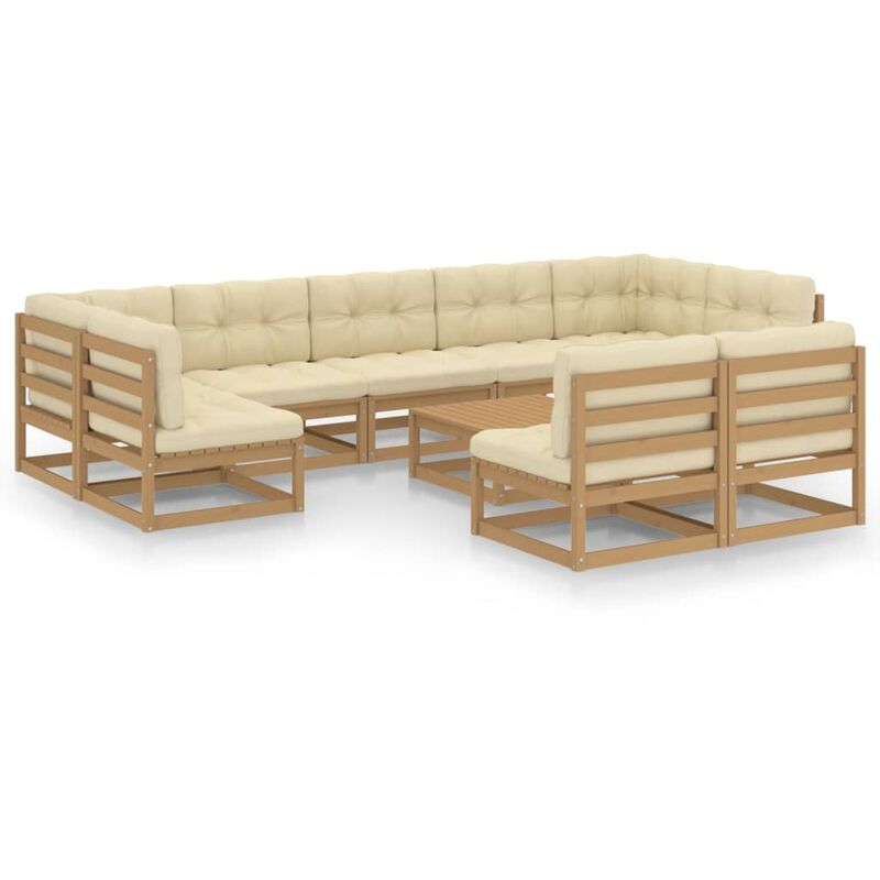 

Muebles de jardín 10 pzas y cojines marrón miel madera de pino