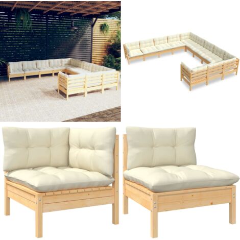 Muebles de jardín 11 piezas y cojines madera de pino crema - Muebles de exterior - Cojines de jardín