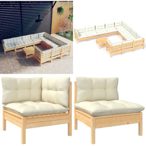 Muebles de jardín 11 piezas y cojines madera de pino crema - Muebles de exterior - Cojines de madera