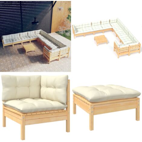 Muebles de jardín 11 piezas y cojines madera de pino crema - Muebles de exterior - Cojines de madera