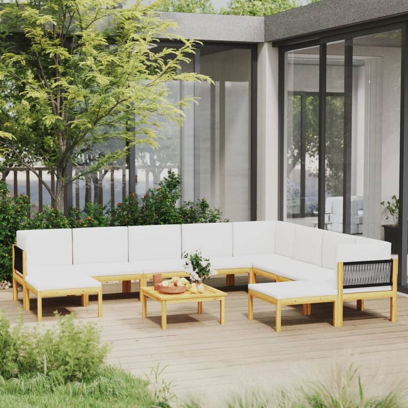 

Muebles de jardín 11 pzas cojines crema madera maciza acacia