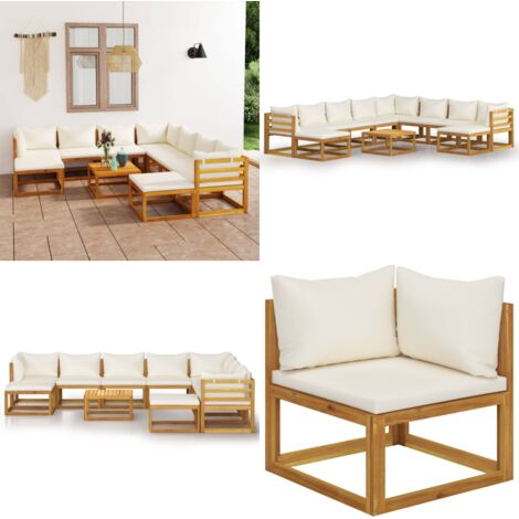 Muebles de jardín 11 pzas cojines crema madera maciza acacia - Muebles de jardín - Sofás de exterior