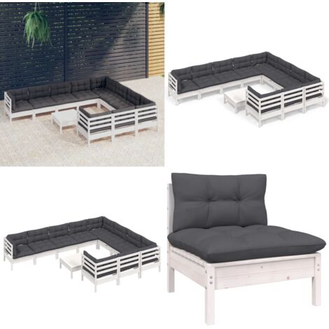Muebles de jardín 11 pzas y cojines blanco madera de pino - Muebles de exterior - Cojines para jardín