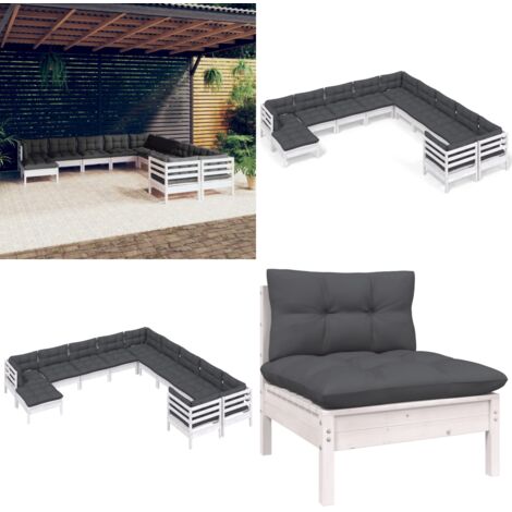 Muebles de jardín 11 pzas y cojines blanco madera de pino - Muebles de exterior - Cojines para jardín