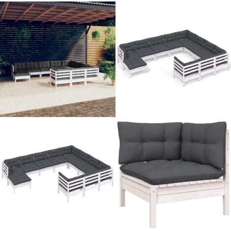 Muebles de jardín 11 pzas y cojines blanco madera de pino - Muebles de exterior - Cojines para jardín