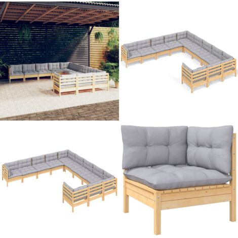Muebles de jardín 11 pzas y cojines madera de pino gris - Muebles de exterior - Cojines de jardín