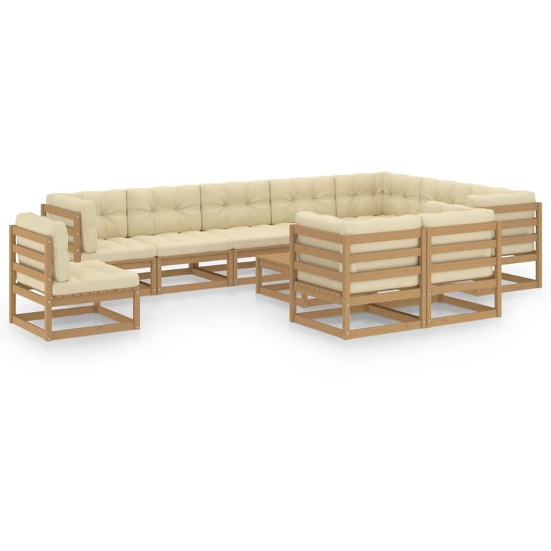 

Muebles de jardín 11 pzas y cojines marrón miel madera de pino