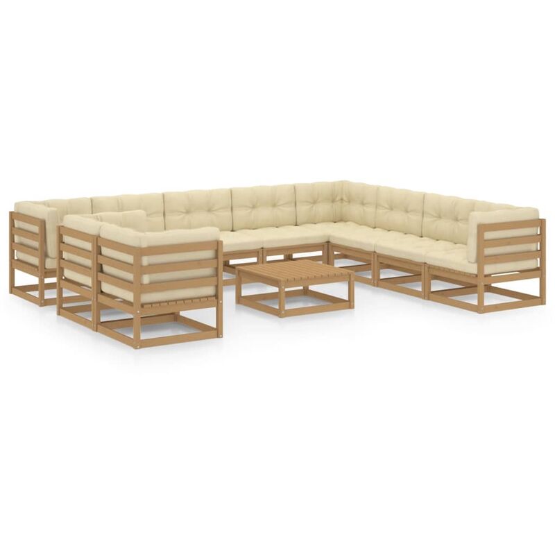 

Muebles de jardín 11 pzas y cojines marrón miel madera de pino