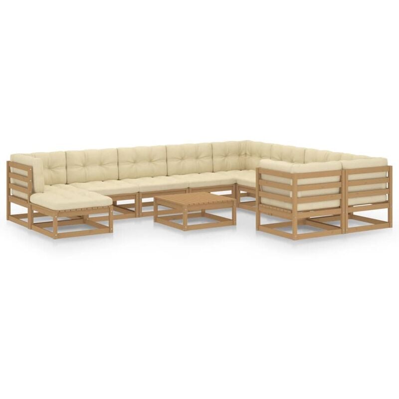 

Muebles de jardín 11 pzas y cojines marrón miel madera de pino