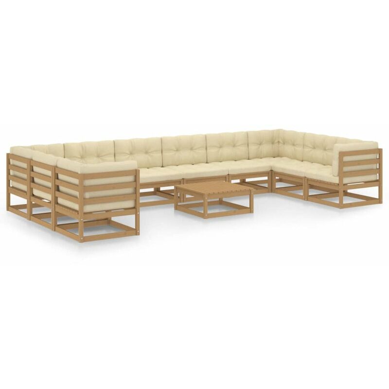 

Happyshopping - Muebles de jardin 11 pzas y cojines marron miel madera pino