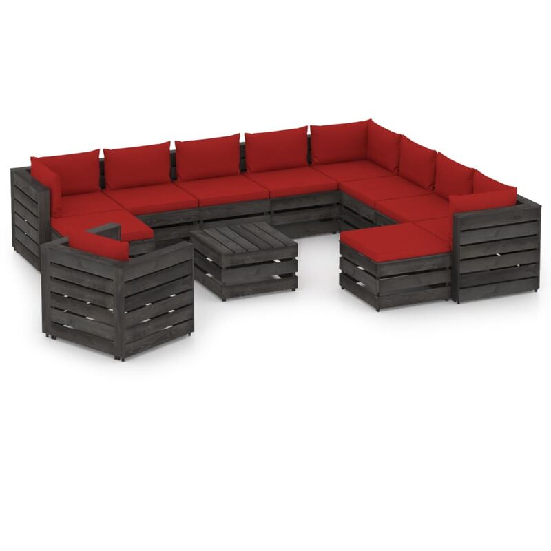 

Muebles de jardín 12 piezas con cojines madera impregnada gris
