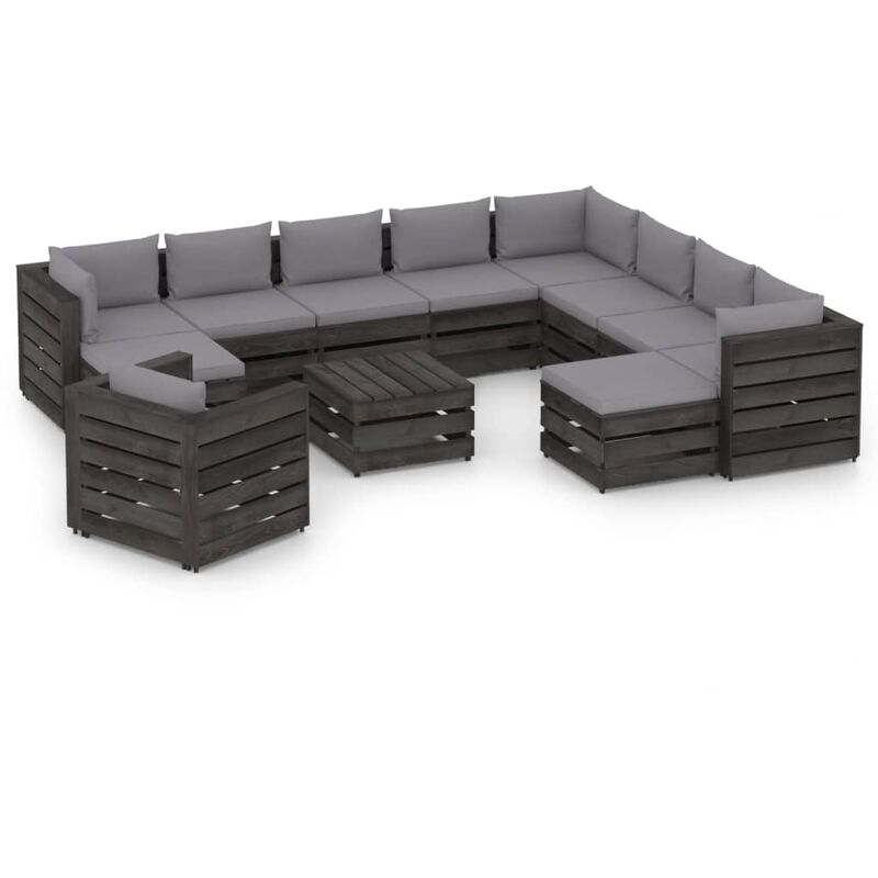 

Muebles de jardín 12 piezas con cojines madera impregnada gris