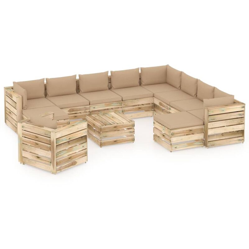 

Muebles de jardín 12 piezas con cojines madera impregnada verde
